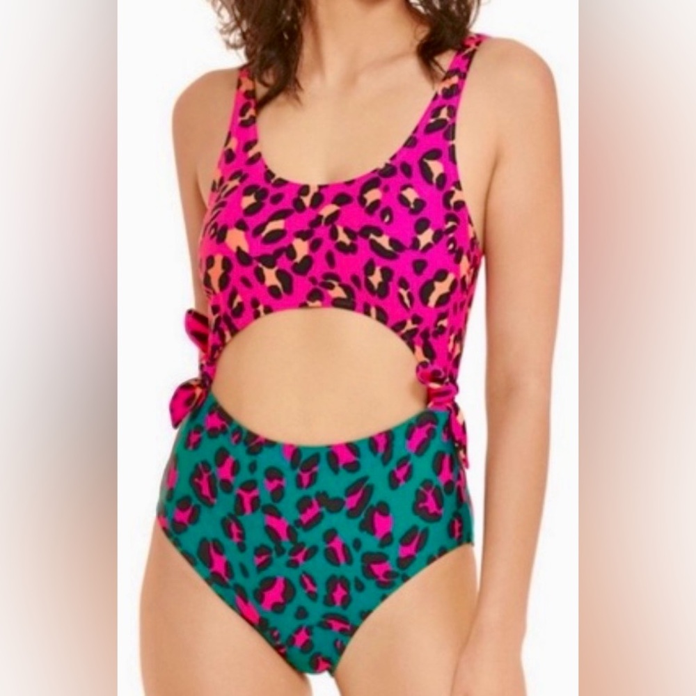NEW Decree Plus Size Animal Print Cut-Out One Piece Swimsuit Fuschia Teal 2X